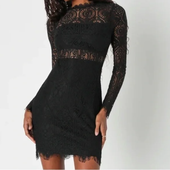 Lulus black lace cutout long sleeve mini dress, mock neck, medium, NWT - Picture 1 of 9